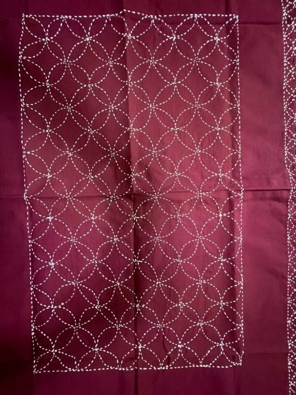 Handmade Sashiko Table Cloth – Maroon with White Design, Cotton Canvas, NGC-R09, 35” x 55”