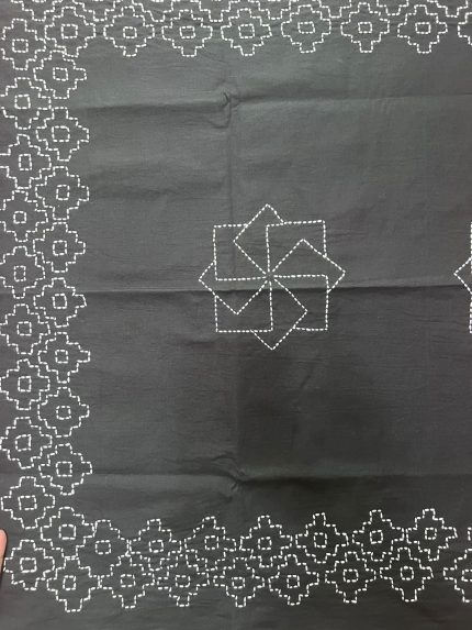 Handmade Sashiko Table Cloth – Navy Blue with White Design, Cotton Canvas, NGC-R10, 35” x 55”