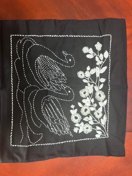 Handmade Sashiko Cushion Cover – Black with White Flower Design, Cotton Canvas, NGC-R15, 15” x 15”