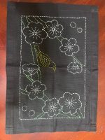 Handmade Sashiko Place Mats Set – Navy Blue and Black with Yellow Green White Design, Cotton Canvas, NGC-R18